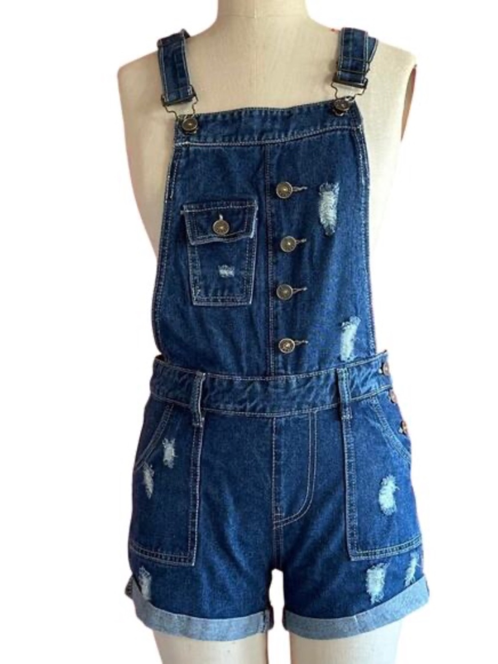 Distressed Women's Juniors Dark blue jean shorts overalls Size L